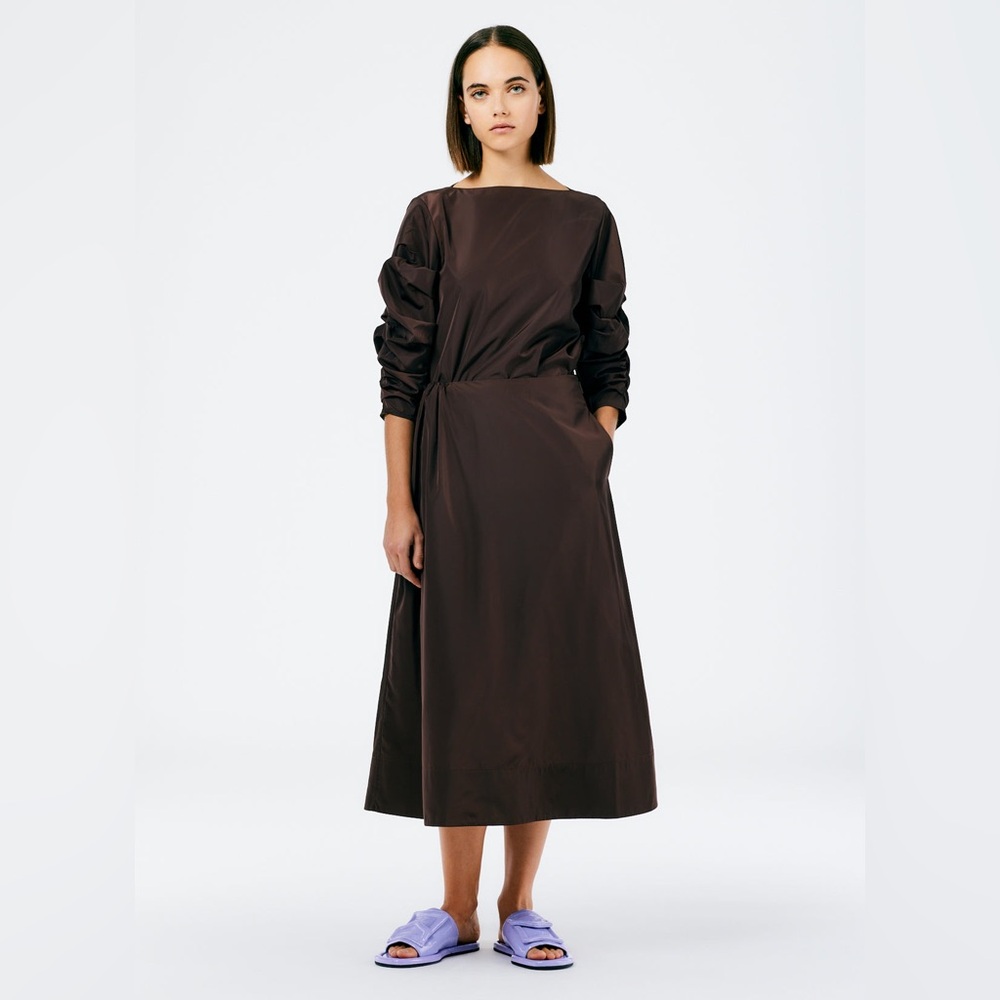 Tibi Italian Sporty Nylon Side Shirred Circle Skirt, Dark Bown
